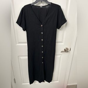 Old Navy Linen Blend V-Neck Short Sleeve Button Front Midi Dress - Black - L
